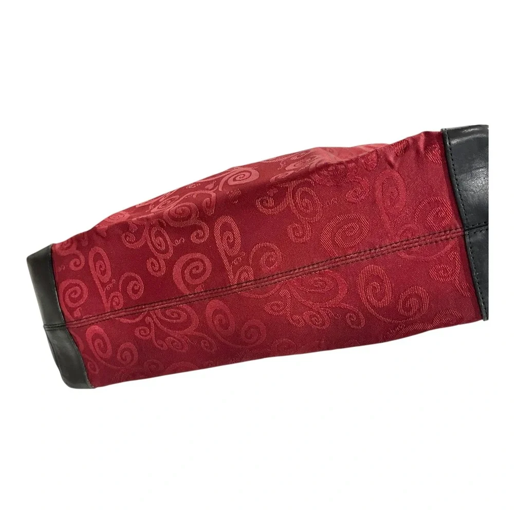 Brighton Red Jacquard Scroll Tote Bag Black Leather Trim Silver Buttons C798985